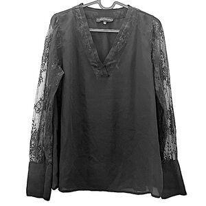Catherine Malandrino Black V-Neck Lace Sleeve‎ Blouse